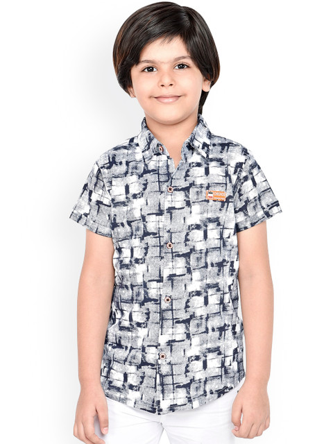 

ORANGE PUMPKKIN Boys Off-White & Blue Slim Fit Printed Casual Shirt