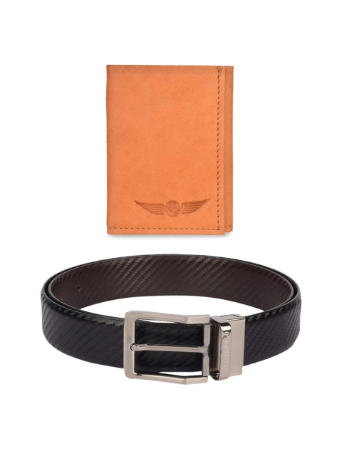 

CHRISTOPOLO Men Black and Brown Leather Wallet & Reversible Belt Combo