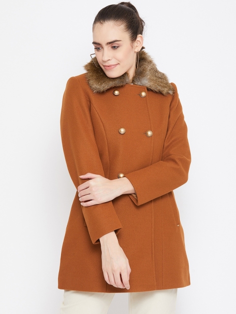 

Okane Women Tan Brown Solid Double-Breasted Slim Fit Overcoat