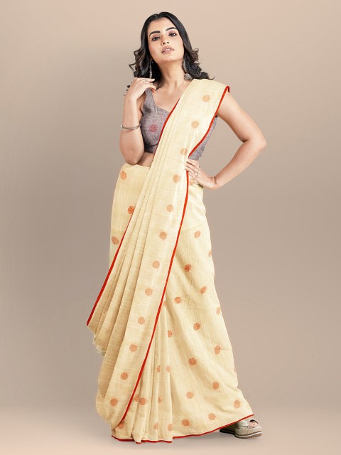 

BharatSthali Cream-Coloured Pure Cotton Woven Design Taant Sustainable Saree