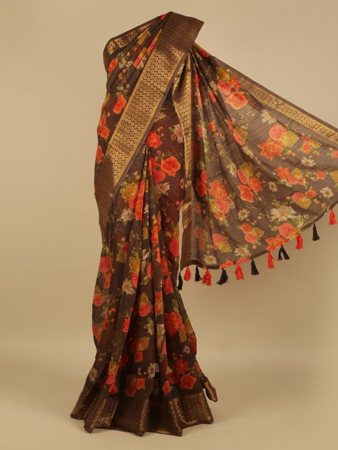 

Pothys Brown Printed Linen Blend Saree