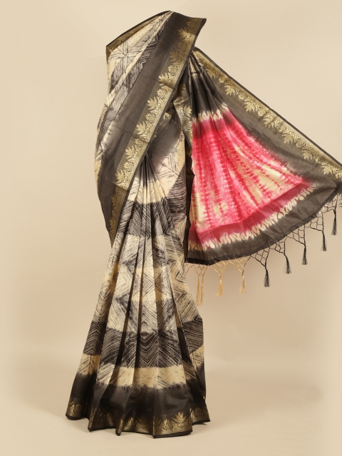 

Pothys Cream-Coloured & Black Jute Silk Dyed Saree