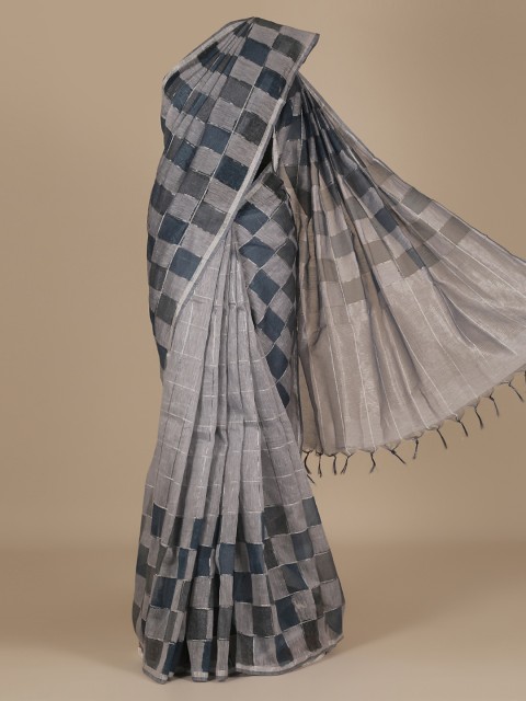 

Pothys Green & Grey Pure Linen Checked Saree