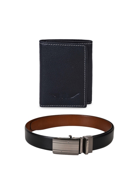 

CHRISTOPOLO Men Black and Brown Leather Wallet & Belt Combo