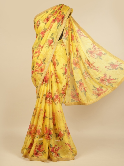 

Pothys Yellow Floral Printed Poly Georgette Saree