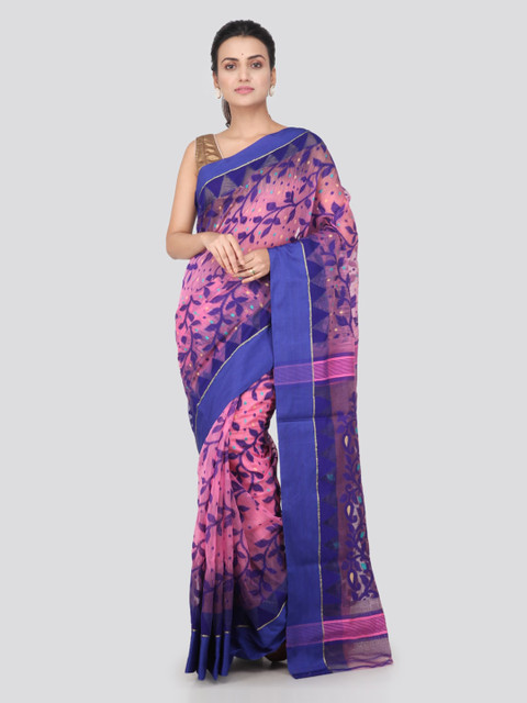 

PinkLoom Pink & Blue Pure Cotton Woven Design Handloom Jamdani Sustainable Saree