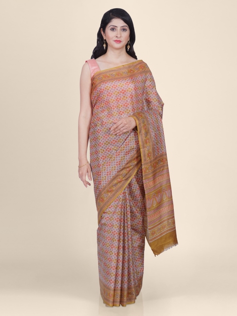 

Kasat Mustard Silk Blend Printed Banarasi Saree
