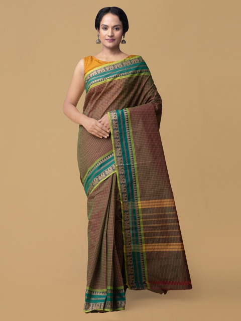 

Unnati Silks Brown Pure Cotton Checked Chettinad Saree