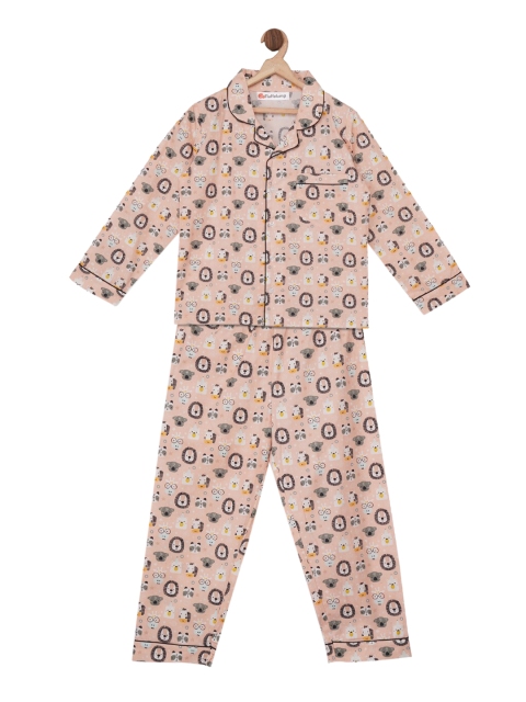 

Fluffalump Kids Peach-Colour & Grey Into The Wild Printed Night Suit
