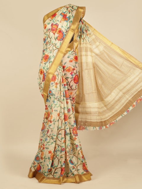 

Pothys Cream-Coloured & Orange Jute Silk Printed Saree