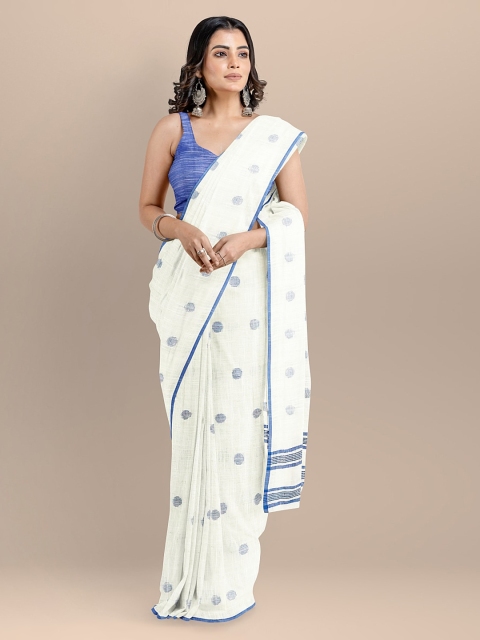 BharatSthali White & Blue Pure Cotton Woven Design Taant Handloom Saree