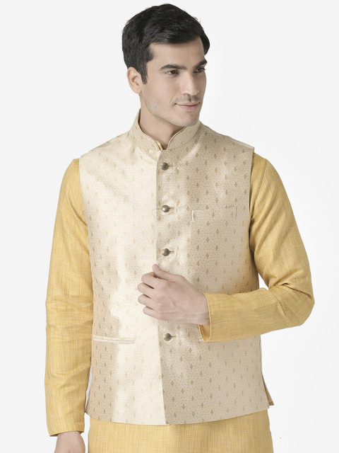 

TABARD Men Beige & Gold-Colour Printed Woven Nehru Jacket