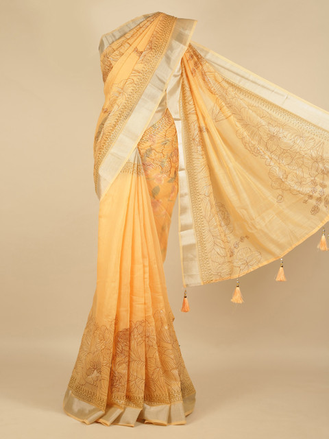 

Pothys Peach-Coloured Printed Linen Blend Saree