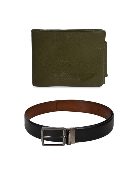 

CHRISTOPOLO Men Black & Olive Green Solid Leather Wallet & Reversible Belt Combo