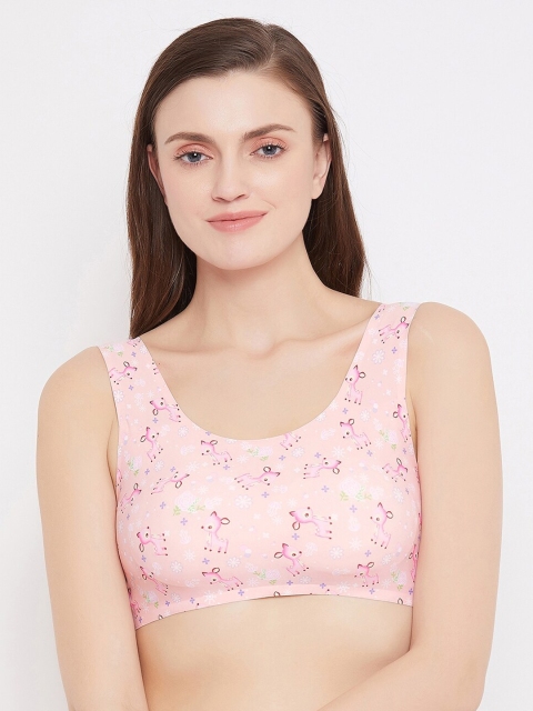 

SECRETS BY ZEROKAATA Peach-Coloured Printed Non-Wired Lightly Padded Workout Bra
