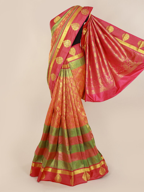 

Pothys Pink & Gold-Toned Pure Silk Woven Design Kanjeevaram Saree with Zari Border