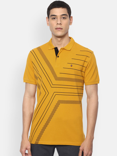 

Louis Philippe Jeans Men Mustard Yellow Printed Polo Collar Pure Cotton T-shirt