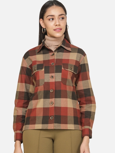 

DECHEN Women Brown Regular Fit Checked Casual Shirt
