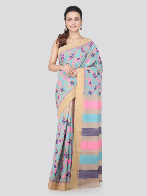 

PinkLoom Beige & Blue Woven Design Handloom Jamdani Sustainable Saree
