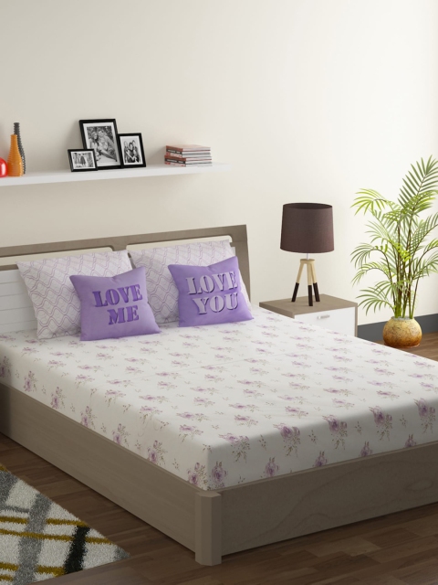 

SWAYAM White & Purple Floral 210 TC Cotton 1 King Bedsheet with 2 Pillow Covers