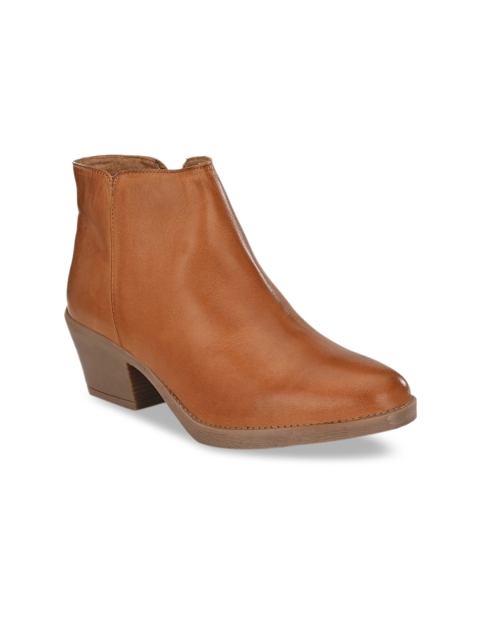 

CARLO ROMANO Women Tan Brown Solid Mid-Top Leather Heeled Boots