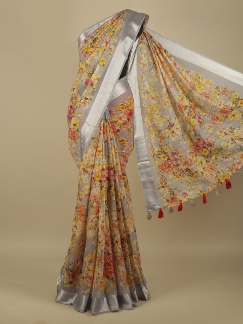 

Pothys Grey & Orange Linen Blend Printed Saree