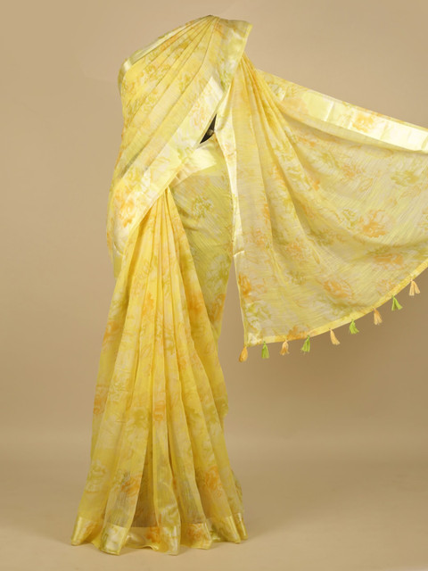 

Pothys Yellow Printed Linen Blend Saree