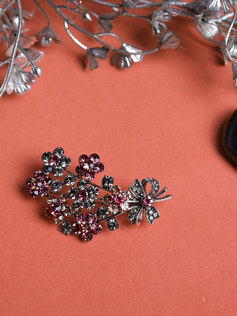 

Mali Fionna Women Silver-Toned & Pink Stone-Studded Flower Bunch-Shaped Brooch