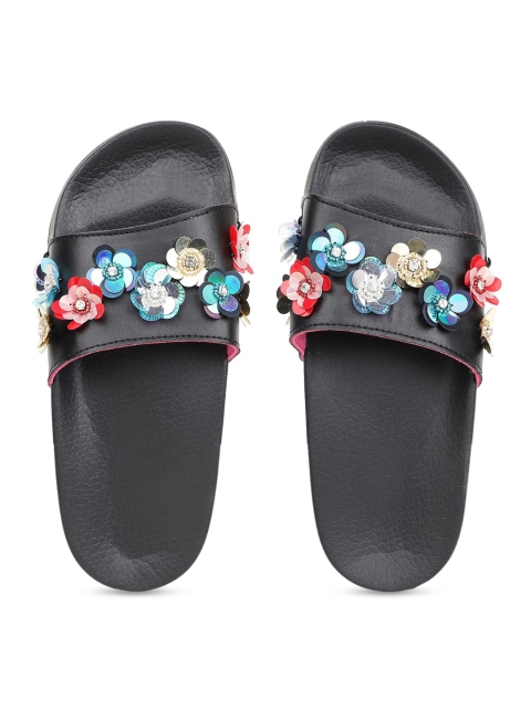

KazarMax Women Black & Red Embellished Sliders