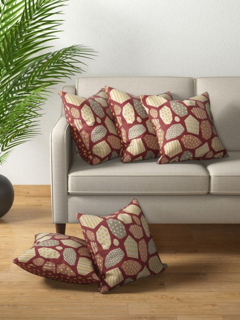 

PETAL HOME Burgundy & Yellow Set of 5 Abstract Square Cushion Covers