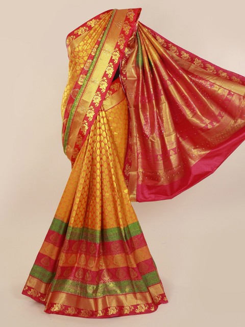 

Pothys Mustard & Gold-Toned Pure Silk Woven Design Kanjeevaram Saree with Zari Border