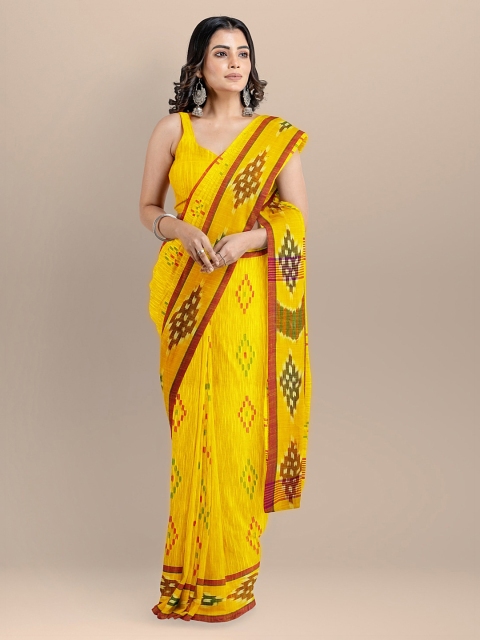 

BharatSthali Yellow Printed Taant Handloom Saree