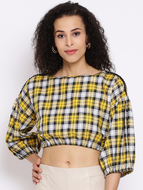 

ALL WAYS YOU Women Yellow Checked Crop Blouson Top
