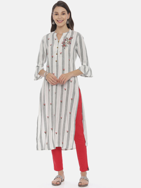 

Neerus Women Off-White & Grey Striped Straight Kurta