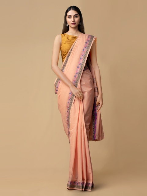 

Unnati Silks Peach-Coloured Pure Cotton Solid Kanjeevaram Handcrafted Saree