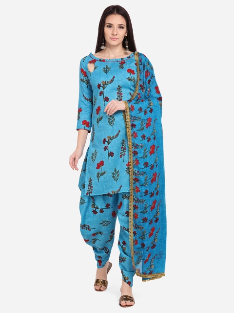 

SHAVYA Turquoise Blue & Red Cotton Blend Unstitched Dress Material