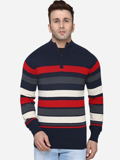 

JADE BLUE Men Navy Blue & Red Striped Mandarin Collar T-shirt