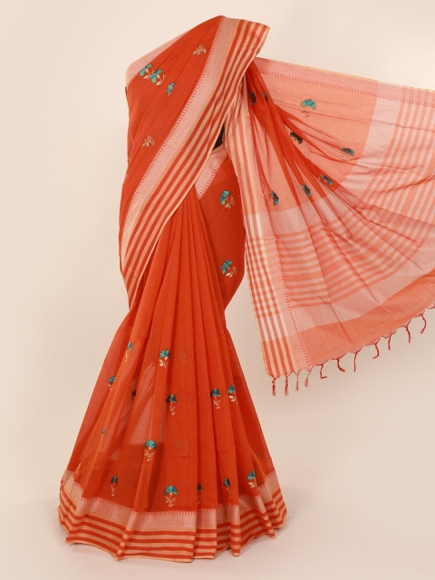 

Pothys Orange Embroidered Pure Cotton Saree with Jhalar Pallu