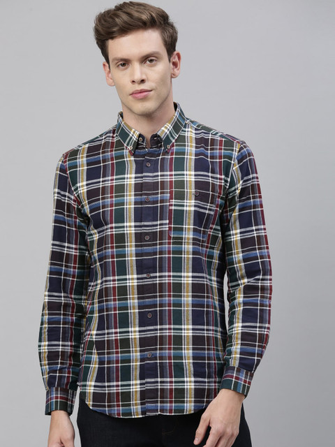 

RARE RABBIT Men Navy Blue & Off-White Tailored Fit Checked Casual Shirt