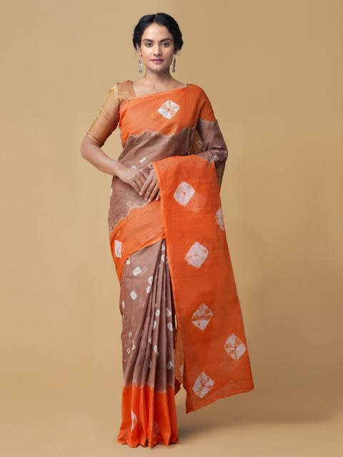 

Unnati Silks Orange & Brown Pure Cotton Printed Bandhani Saree