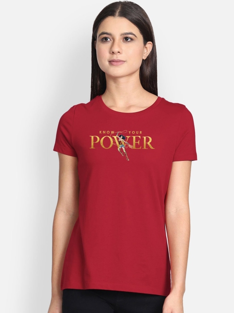 Free Authority Women Red & Yellow Wonder Woman Printed Round Neck T-shirt
