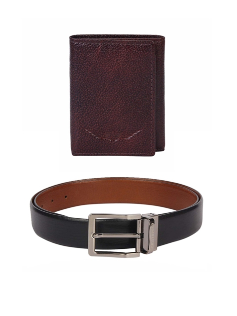 

CHRISTOPOLO Men Black & Brown Textured Leather Belt & Wallet