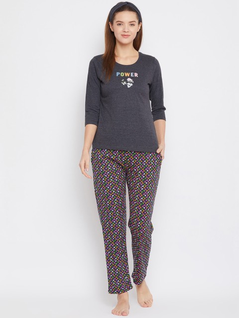 

Clovia Women Grey & Black Graphic Printed Night Suit