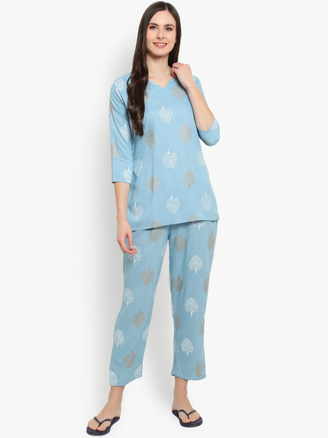 

Desi Rang Women Blue & Beige Printed Night suit