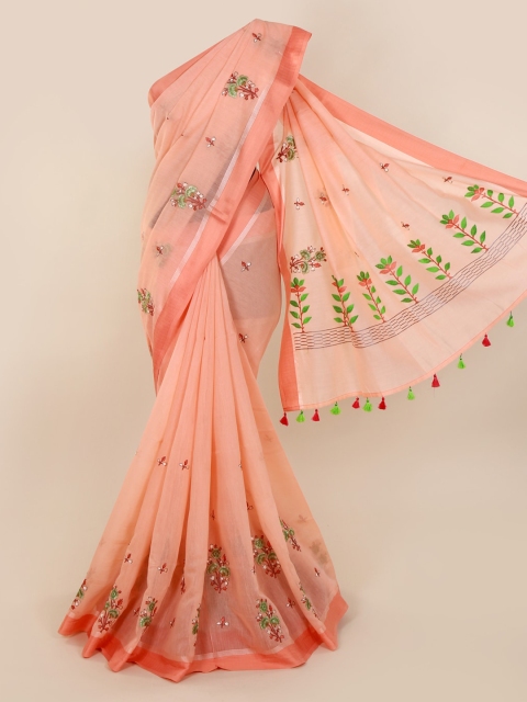 

Pothys Peach-Coloured Embroidered Pure Cotton Saree with Jhalar Pallu