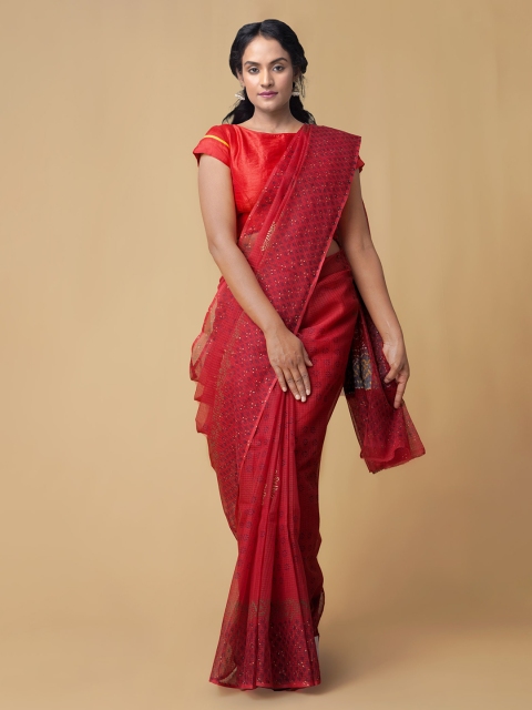 

Unnati Silks Red Pure Cotton Checked Bandhani Saree