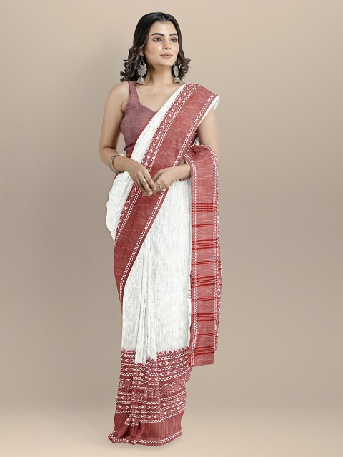 

BharatSthali White & Red Pure Cotton Printed Sambalpuri Saree