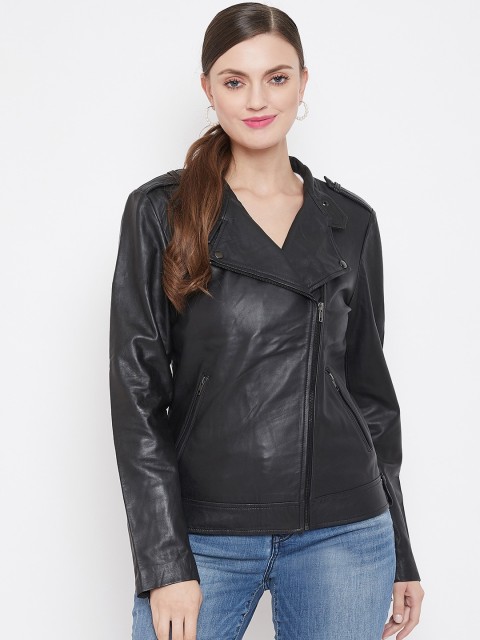 

Hypernation Women Black Solid Windcheater Genuine Leather Jacket