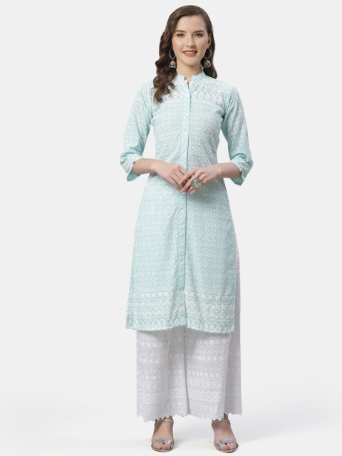 

Jompers Women Turquoise Blue & White Embroidered Straight Kurta