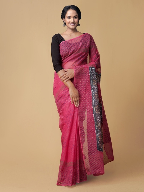 

Unnati Silks Pink Pure Cotton Checked Bandhani Saree